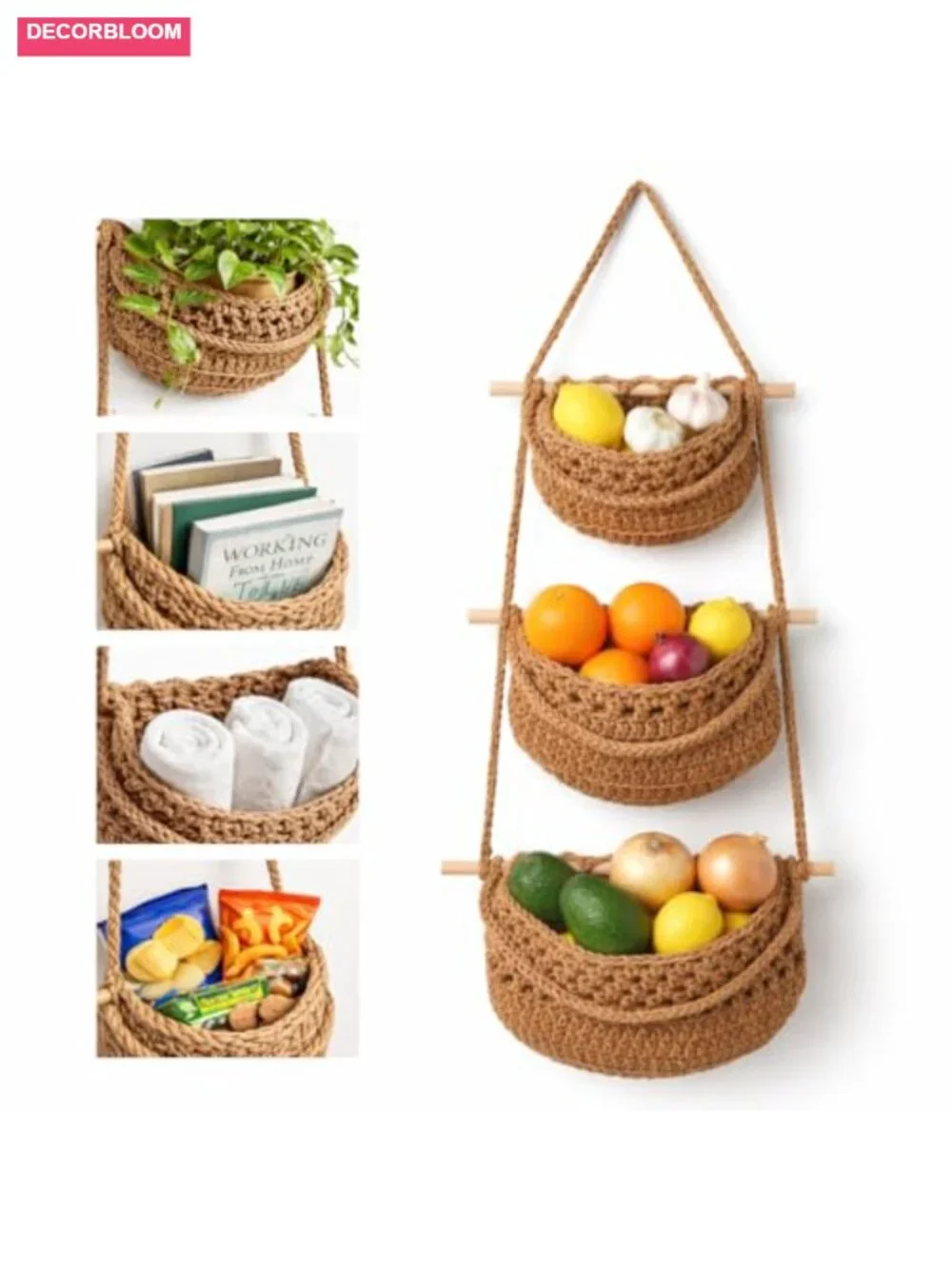 3 Tier Hanging Fruit Basket, Wall Mounted Cotton Rope Produce Storage, Boho